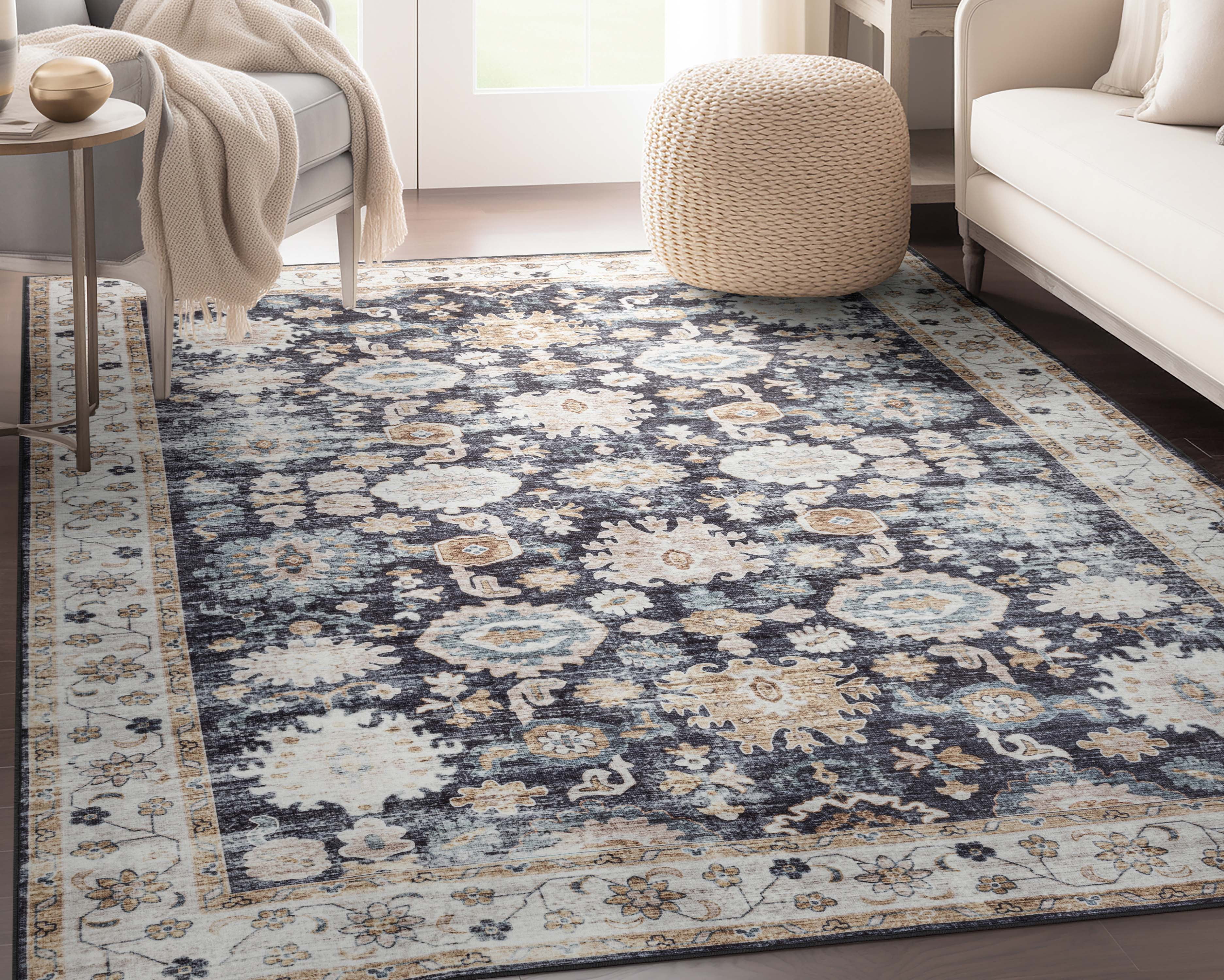 Well Woven Elle Basics Gala Vintage Oriental Botanical Border Black 5'3" x 7'3" Area Rug Non-Slip Rubber Backed Washable Rug for Bedroom Kitchen & Entryways