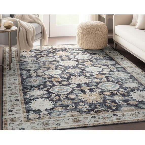 Well Woven Elle Basics Gala Vintage Oriental Botanical Border Black 9' x 12'6" Area Rug Non-Slip Rubber Backed Washable Rug for Bedroom Kitchen & Entryways