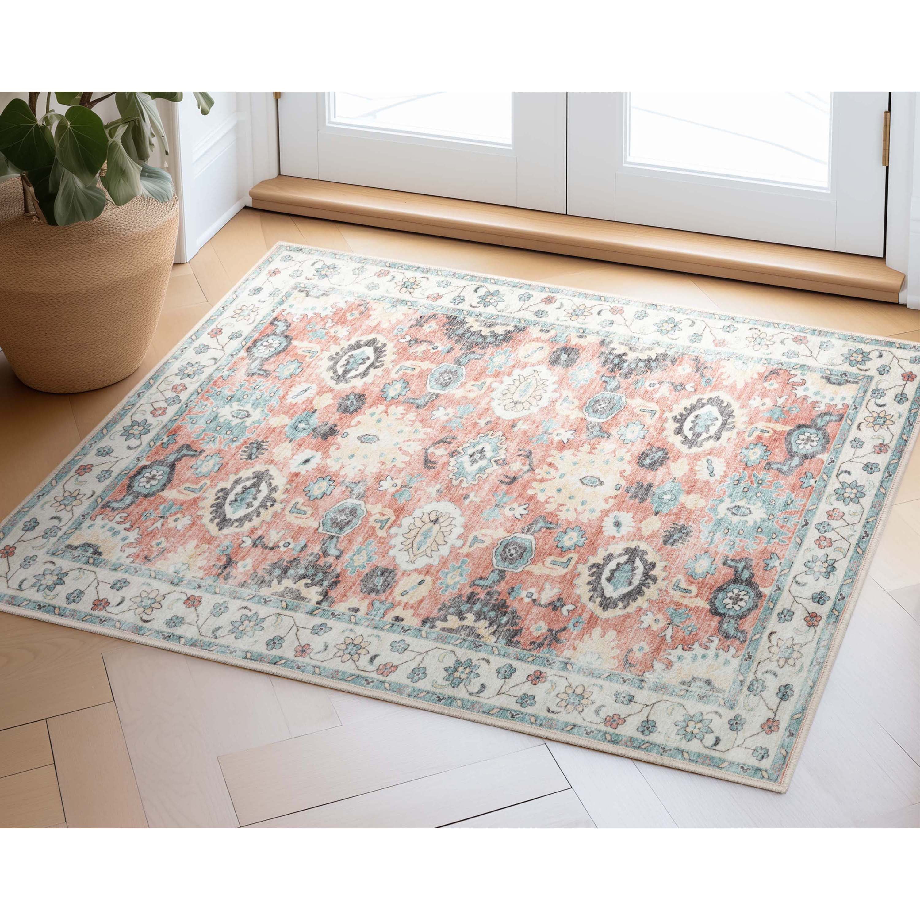 Coral and Cream Polyester Oriental 2' x 3' Washable Area Rug