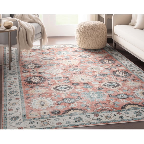 Well Woven Elle Basics Gala Vintage Oriental Botanical Border Coral 5'3" x 7'3" Area Rug Non-Slip Rubber Backed Washable Rug for Bedroom Kitchen & Entryways