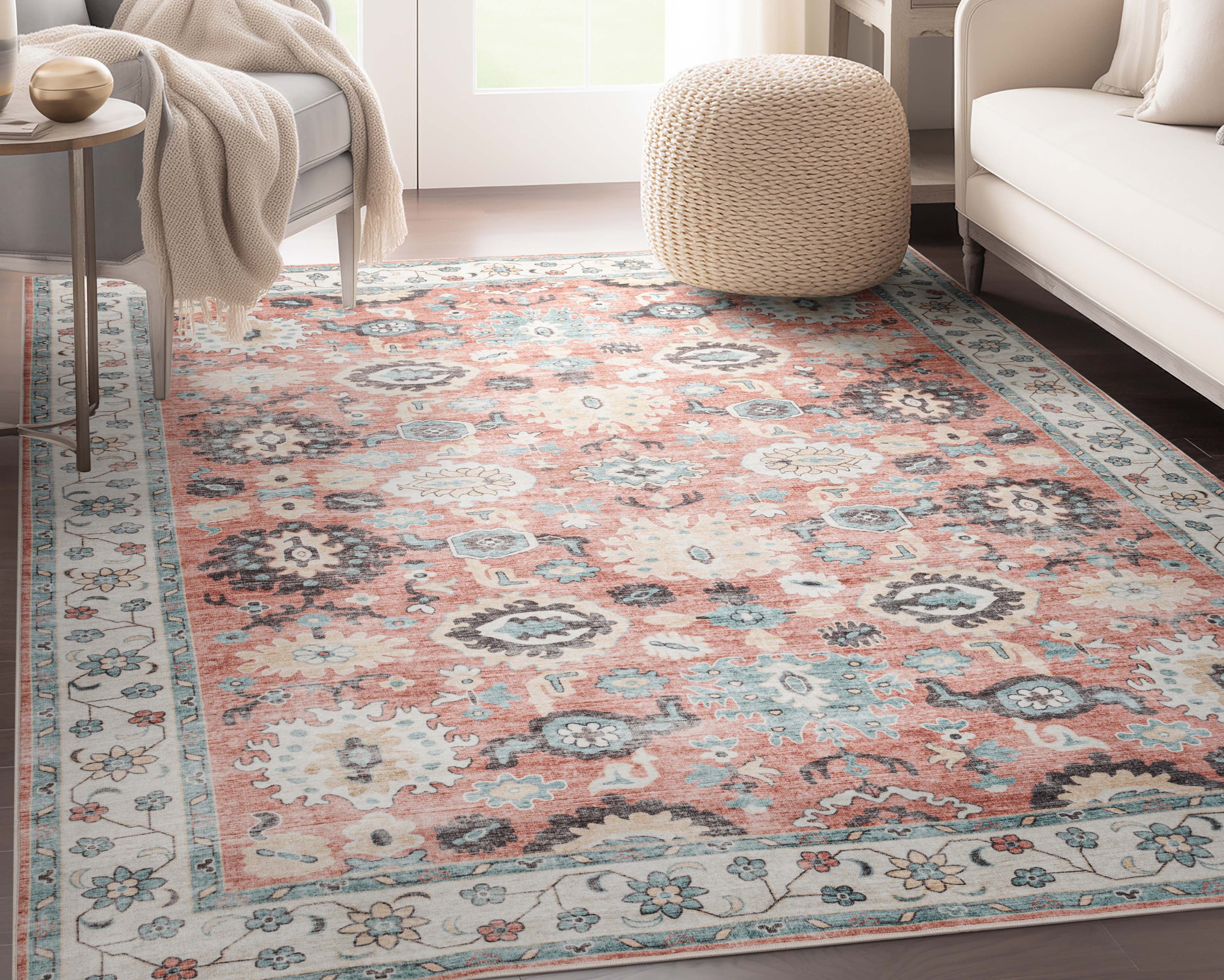 Well Woven Elle Basics Gala Vintage Oriental Botanical Border Coral 9' x 12'6" Area Rug Non-Slip Rubber Backed Washable Rug for Bedroom Kitchen & Entryways