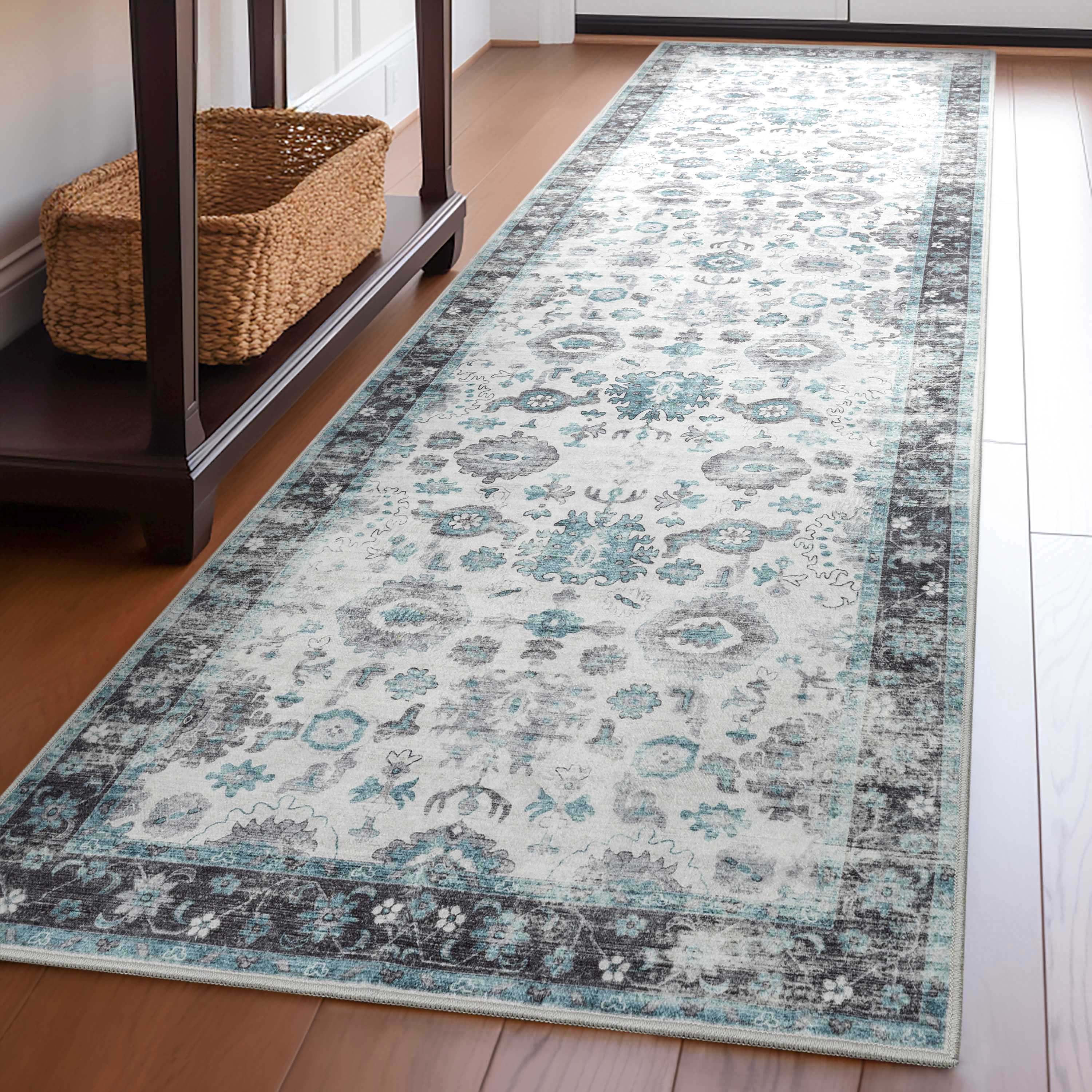 Well Woven Elle Basics Gala Vintage Oriental Botanical Border Ivory 2'3" x 7'3" Runner Rug Non-Slip Rubber Backed Washable Rug for Hallway Kitchen & Entryways
