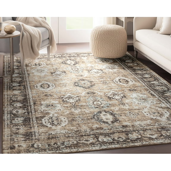 Well Woven Elle Basics Intrigue Vintage Tribal Beige 5'3" x 7'3" Area Rug Non-Slip Rubber Backed Washable Rug for Bedroom Kitchen & Entryways