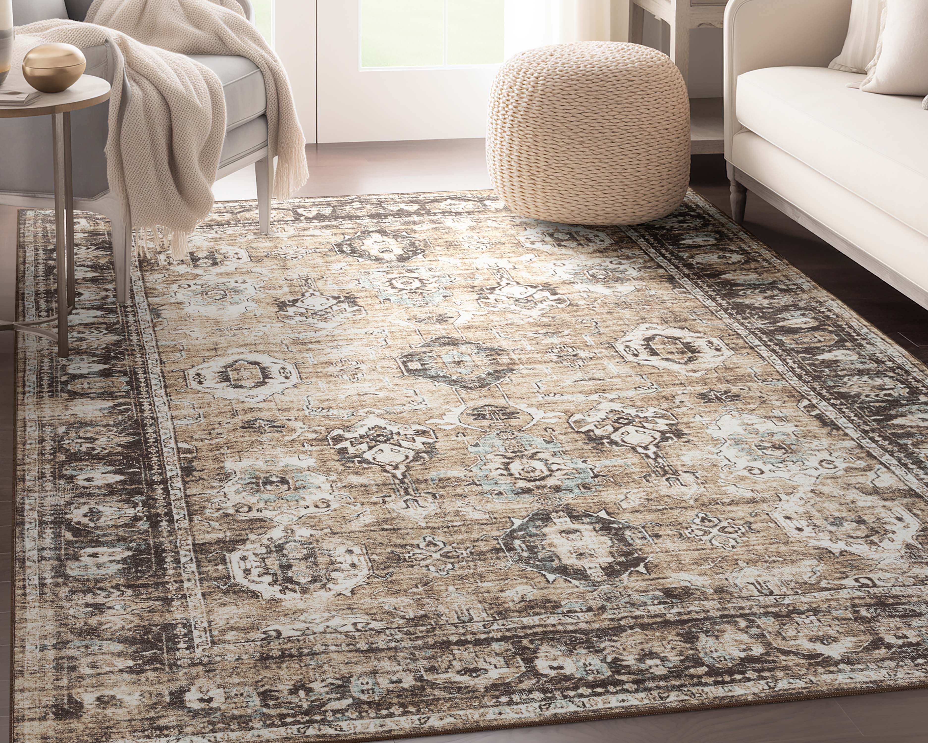 Well Woven Elle Basics Intrigue Vintage Tribal Beige 7'10" x 9'10" Area Rug Non-Slip Rubber Backed Washable Rug for Bedroom Kitchen & Entryways