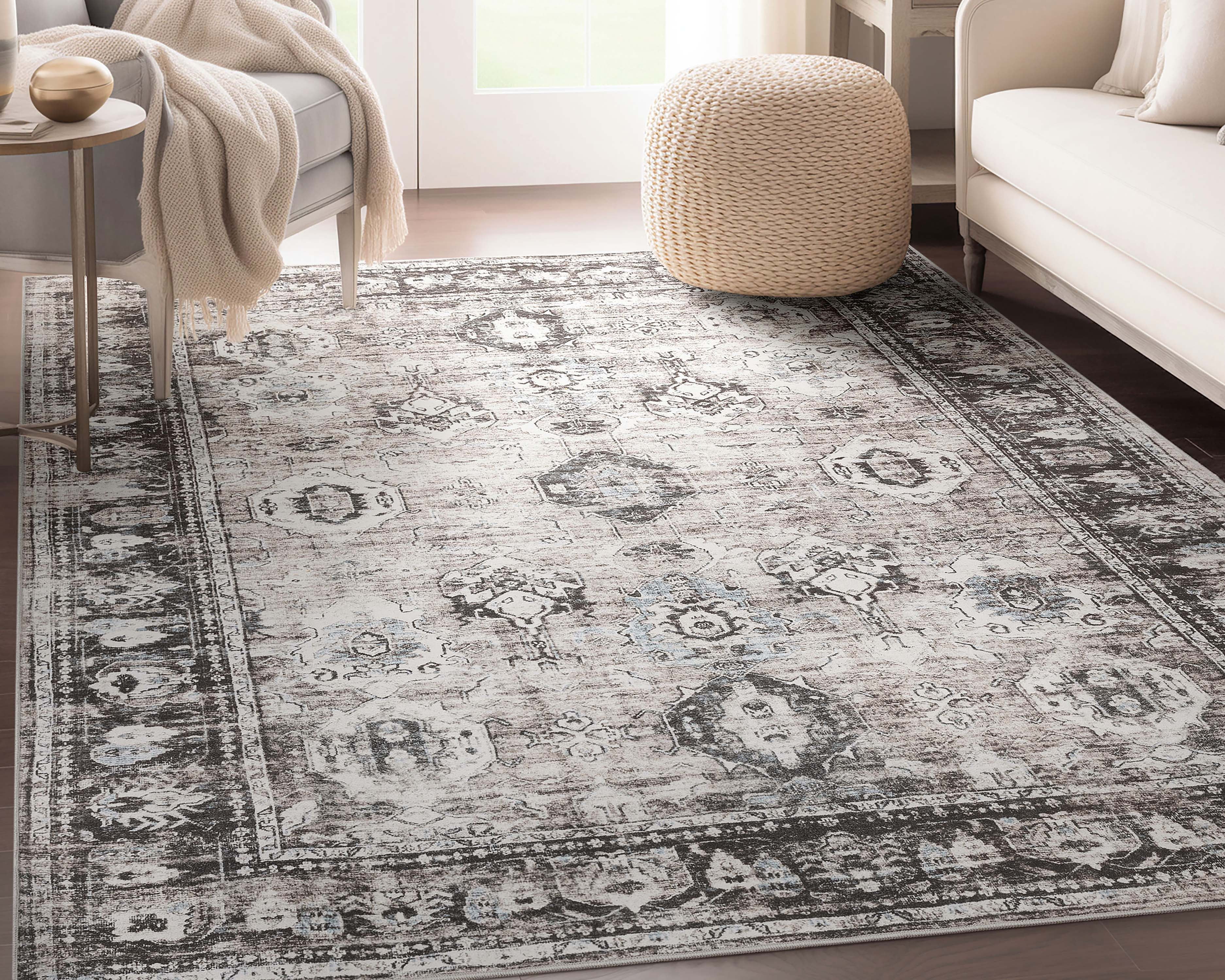 Well Woven Elle Basics Intrigue Vintage Tribal Grey 7'10" x 9'10" Area Rug Non-Slip Rubber Backed Washable Rug for Bedroom Kitchen & Entryways