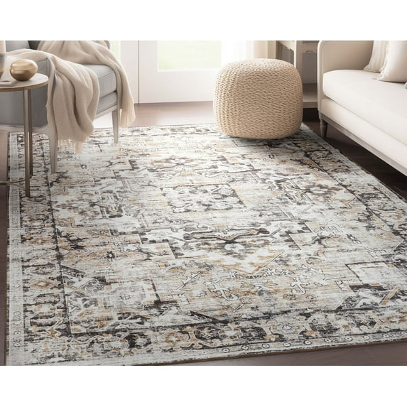 Well Woven Elle Basics Rendezvous Vintage Medallion Beige 5'3" x 7'3" Area Rug Non-Slip Rubber Backed Washable Rug for Bedroom Kitchen & Entryways