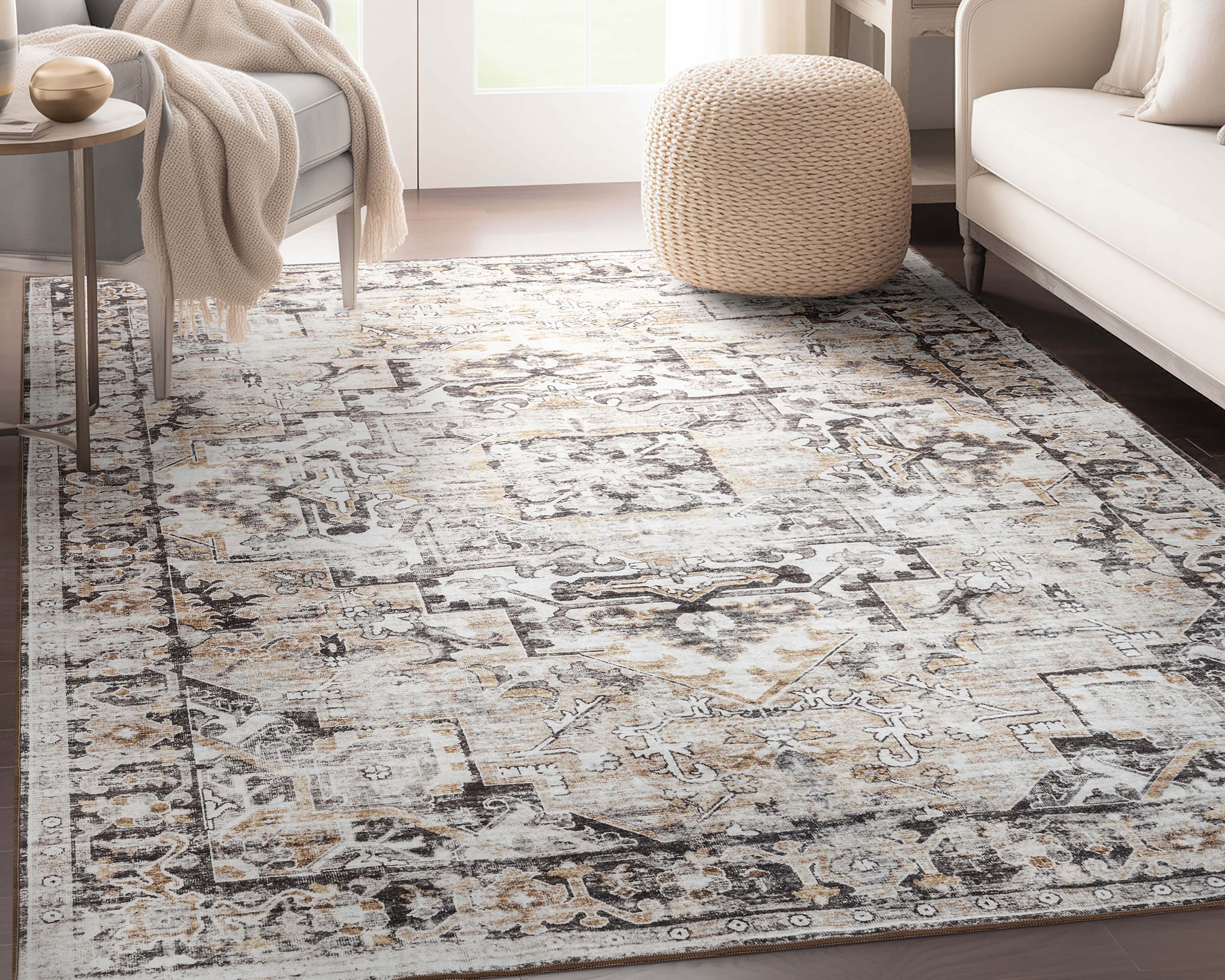 Well Woven Elle Basics Rendezvous Vintage Medallion Beige 9' x 12'6" Area Rug Non-Slip Rubber Backed Washable Rug for Bedroom Kitchen & Entryways