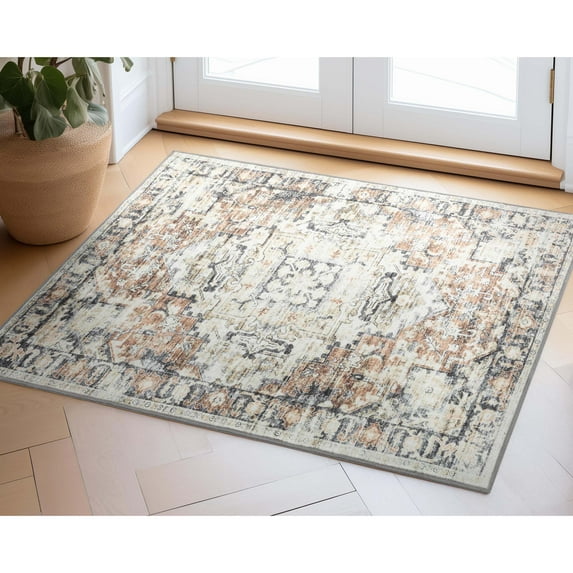 Well Woven Elle Basics Rendezvous Vintage Medallion Natural Red 2' x 3' Area Rug Non-Slip Rubber Backed Washable Rug for Bedroom Kitchen & Entryways