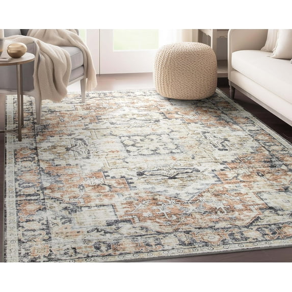 Well Woven Elle Basics Rendezvous Vintage Medallion Natural Red 5'3" x 7'3" Area Rug Non-Slip Rubber Backed Washable Rug for Bedroom Kitchen & Entryways
