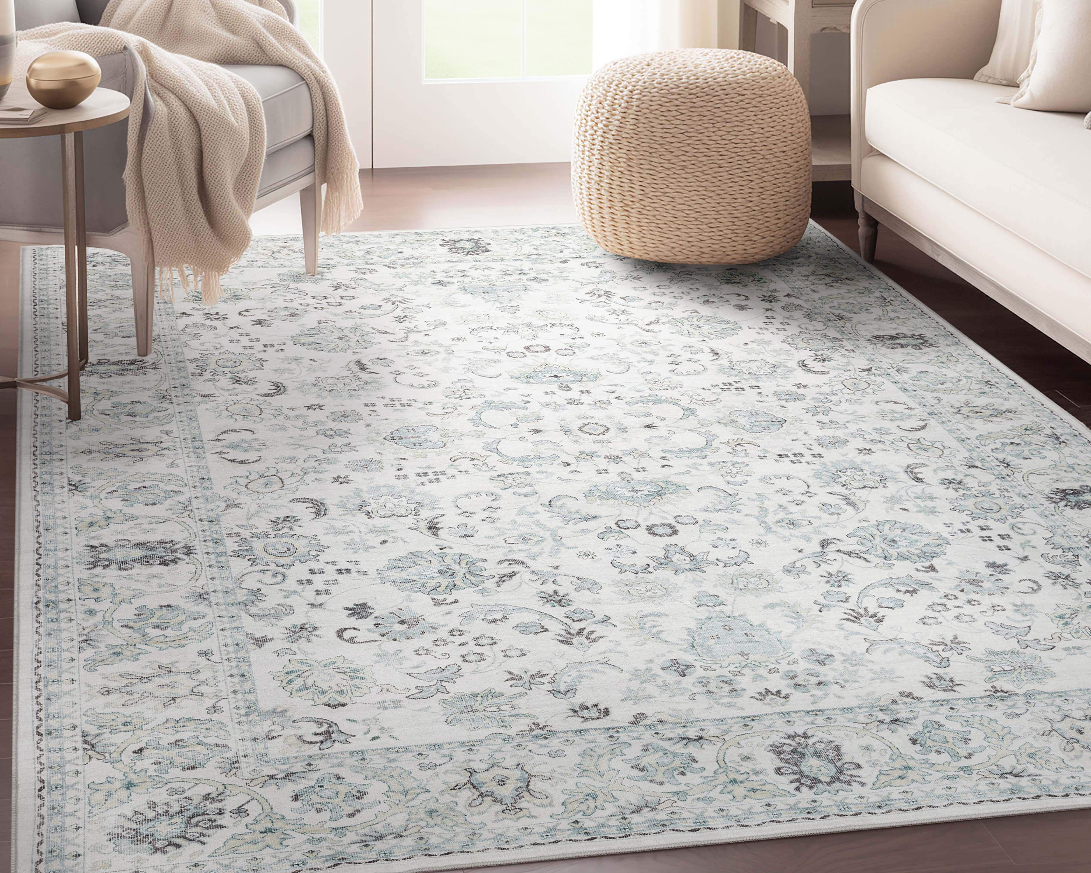Ivory and Blue Silk Oriental 9' x 12' Washable Rug