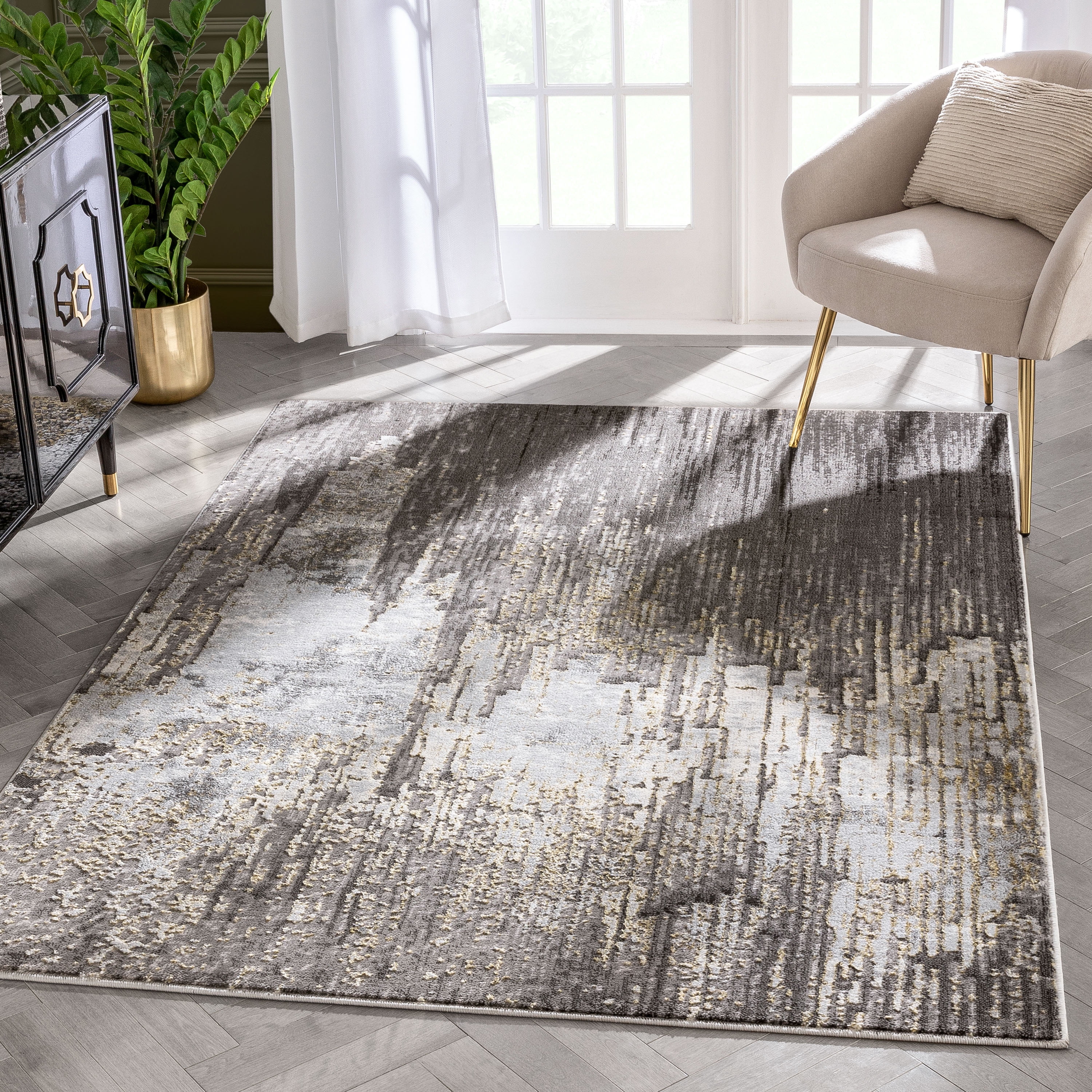 Modern Abstract Geometric 5' x 7' Gray Synthetic Area Rug