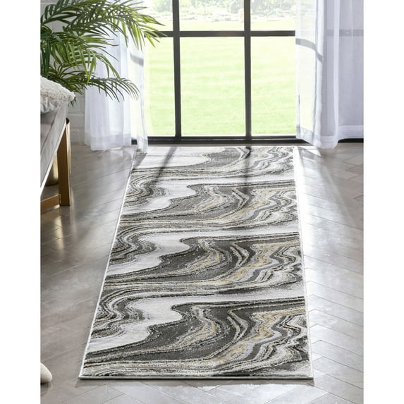 Well Woven Fairmont Warren Modern Glam Marble Pattern Grey 2'3" x 7'3" Runner Rug