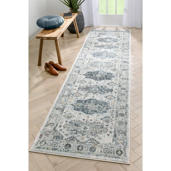 Well Woven Farah Novalie Vintage Patchwork Botanical Border Blue 2'7" x 9'10" Runner Area Rug