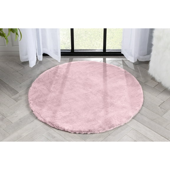 Well Woven | Faux Rabbit Fur Shag Light Pink | Super Soft | Mat Area Rug 3' Round