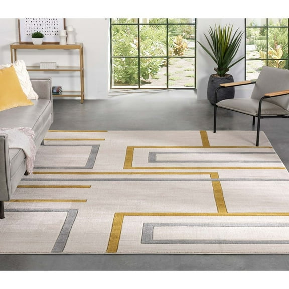 Well Woven Fiora Gold Modern Geometric Stripes & Boxes Pattern Area Rug (9'3" x 12'6")