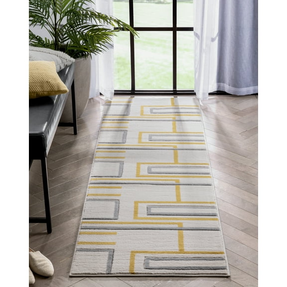 Well Woven Fiora Gold Modern Geometric Stripes & Boxes Pattern Runner Rug (2'7" x 7'3")