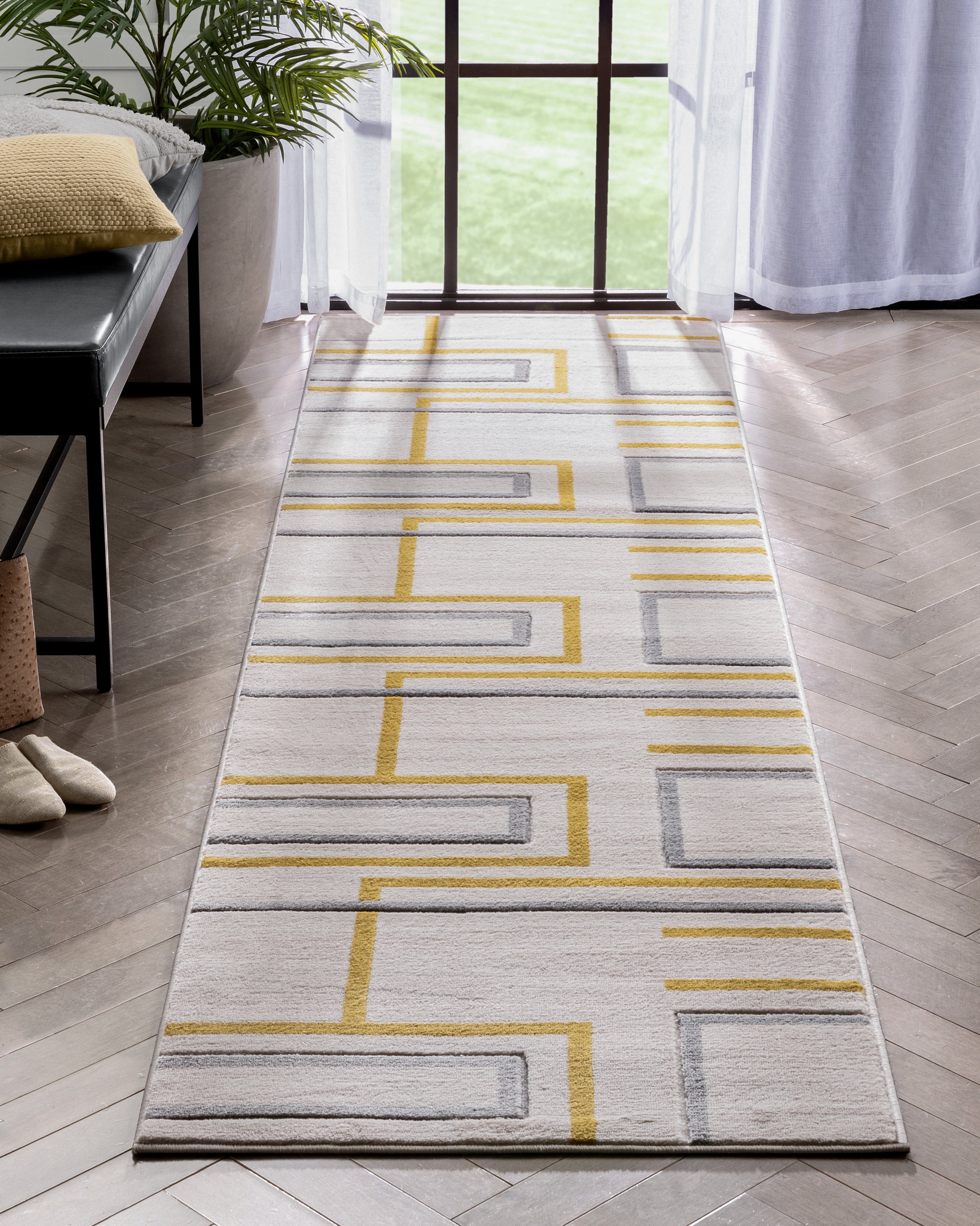 Well Woven Fiora Gold Modern Geometric Stripes & Boxes Pattern Runner ...