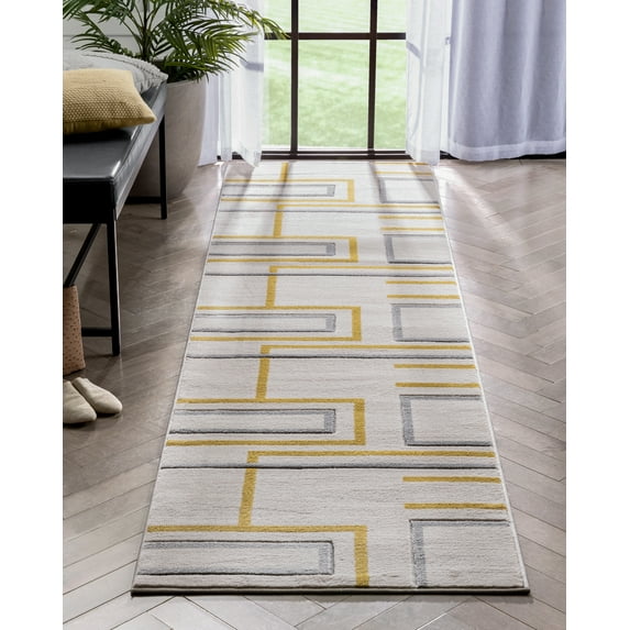 Well Woven Fiora Gold Modern Geometric Stripes & Boxes Pattern Runner Rug (2'7" x 9'10")