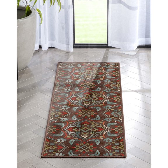 Well Woven Florence Floral Mosaic Flatweave 1'8" x 5' Runner Rug Brown