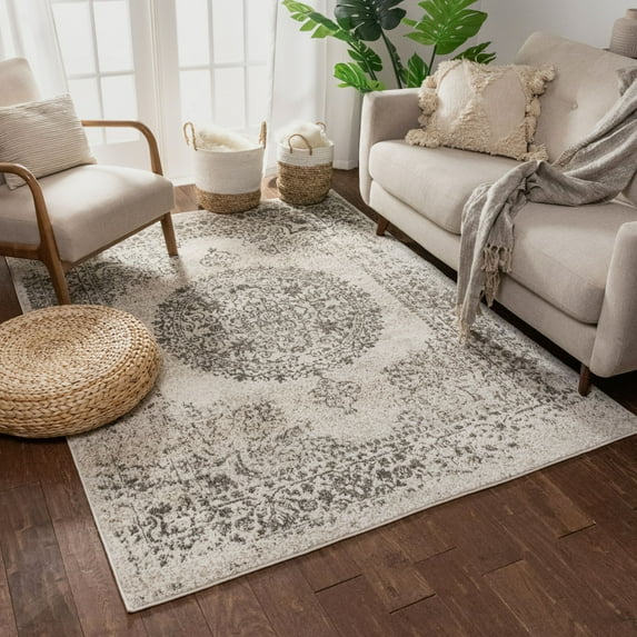 Well Woven Francesca Medallion Ivory Distressed Traditional Vintage Persian Floral Oriental Area Rug 8x11 (7'10" x 9'10") Carpet