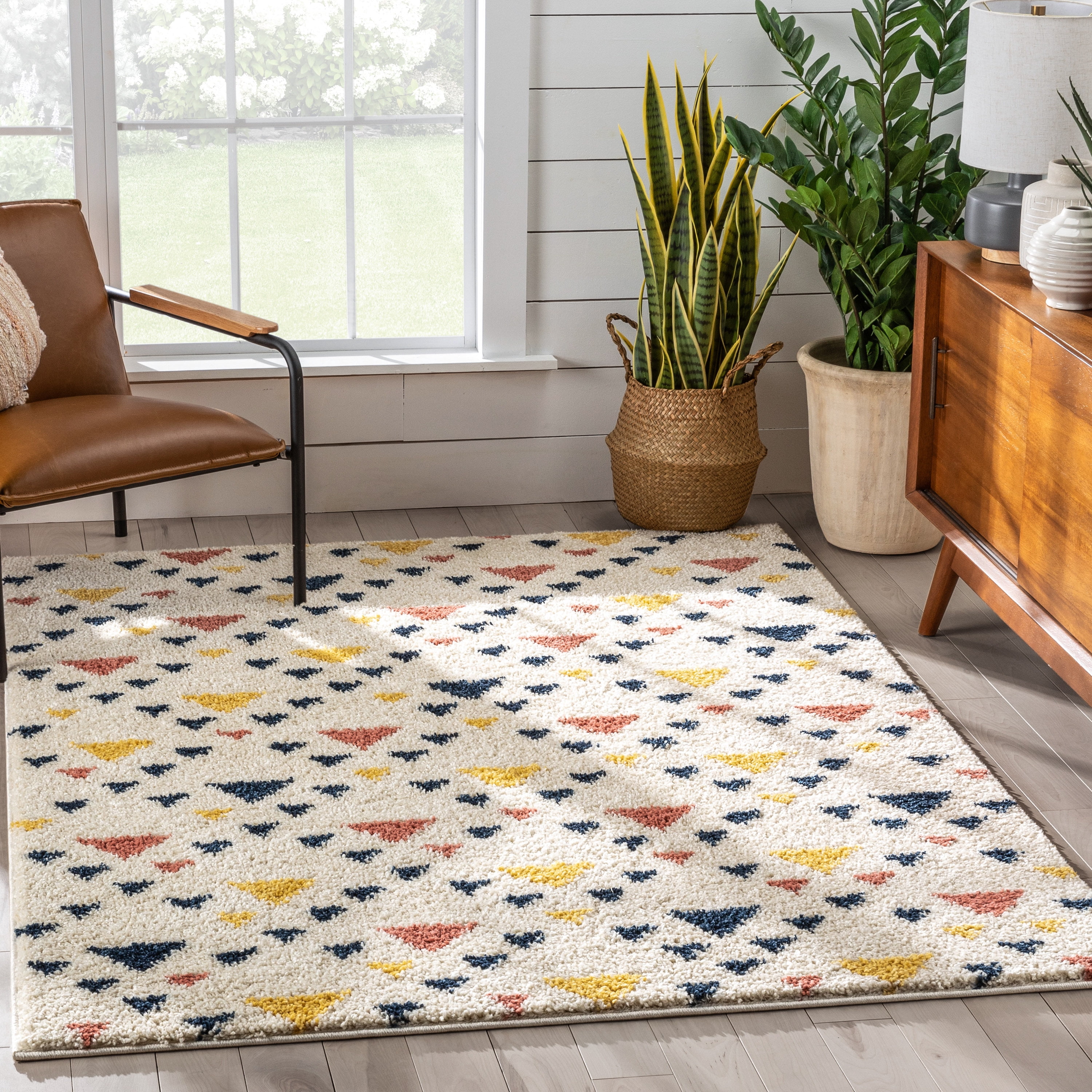Well Woven Gigi Jax Modern Kids Shag Geometric Ivory Blue Thick 5'3" x 7'3" Area Rug