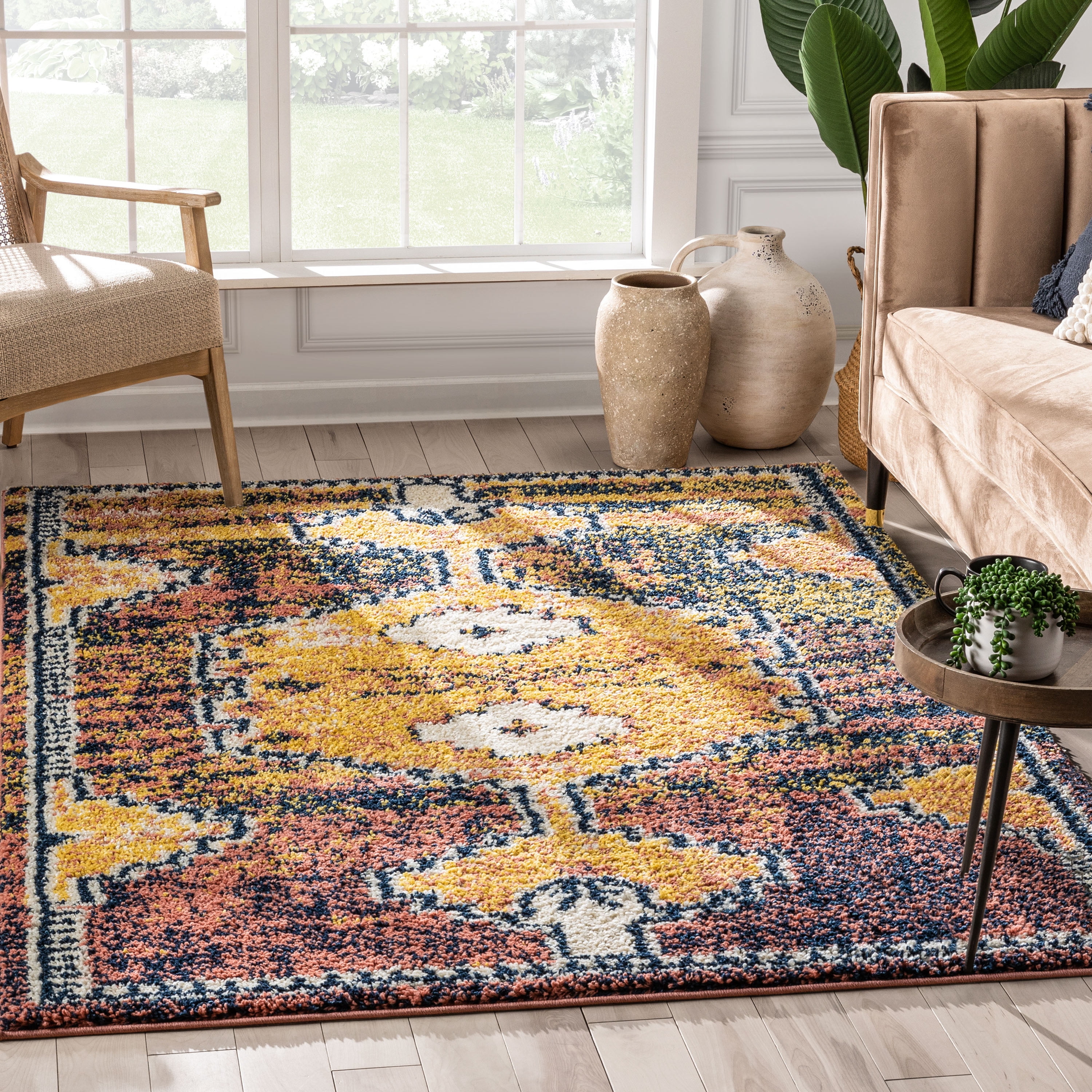 Well Woven Mawaia Gold & Rust Tribal Medallion Moroccan Shag Area Rug 5x7 (5'3" x 7'3")