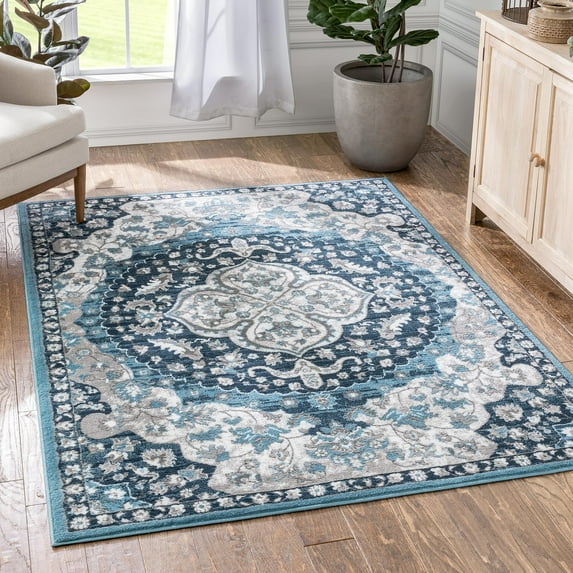 Well Woven Granda Blue Traditional Oriental Medallion Floral 5x7 (5'3" x 7'3") Area Rug