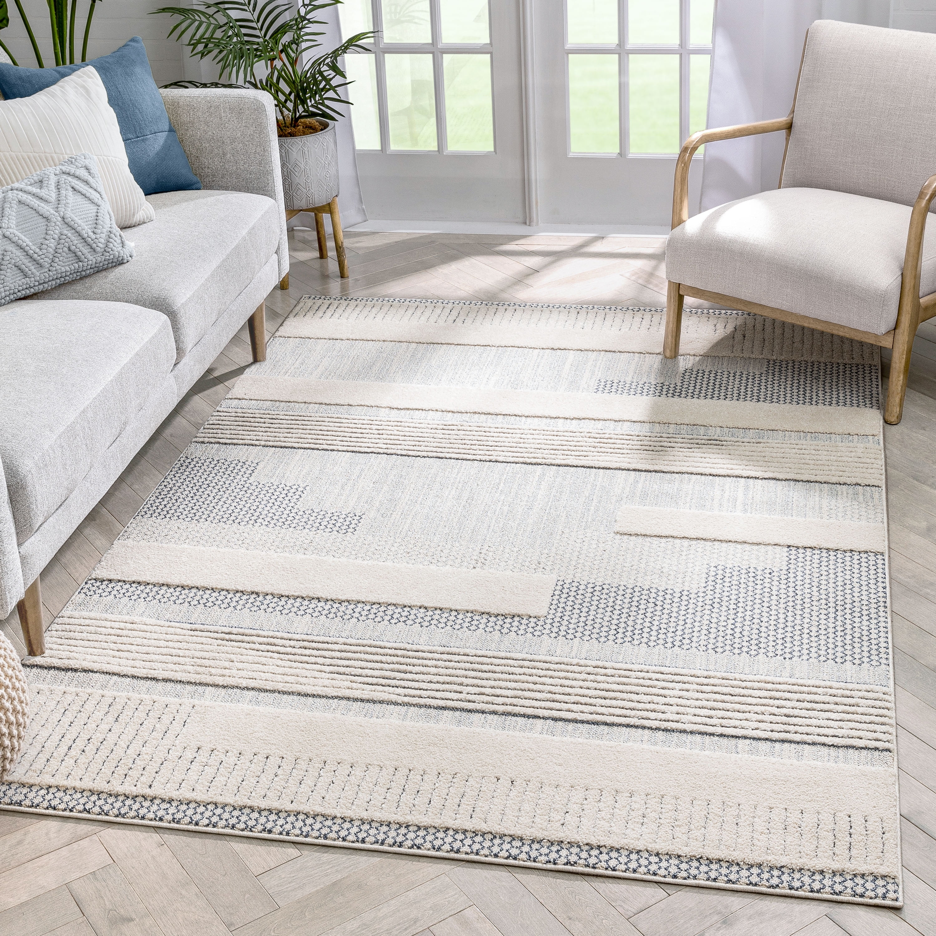 Harlow Light Blue Geometric 9' x 12' Easy-Care Synthetic Area Rug