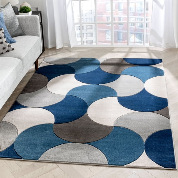 Well Woven Hilda Blue Modern Geometric Circles & Boxes Pattern Area Rug