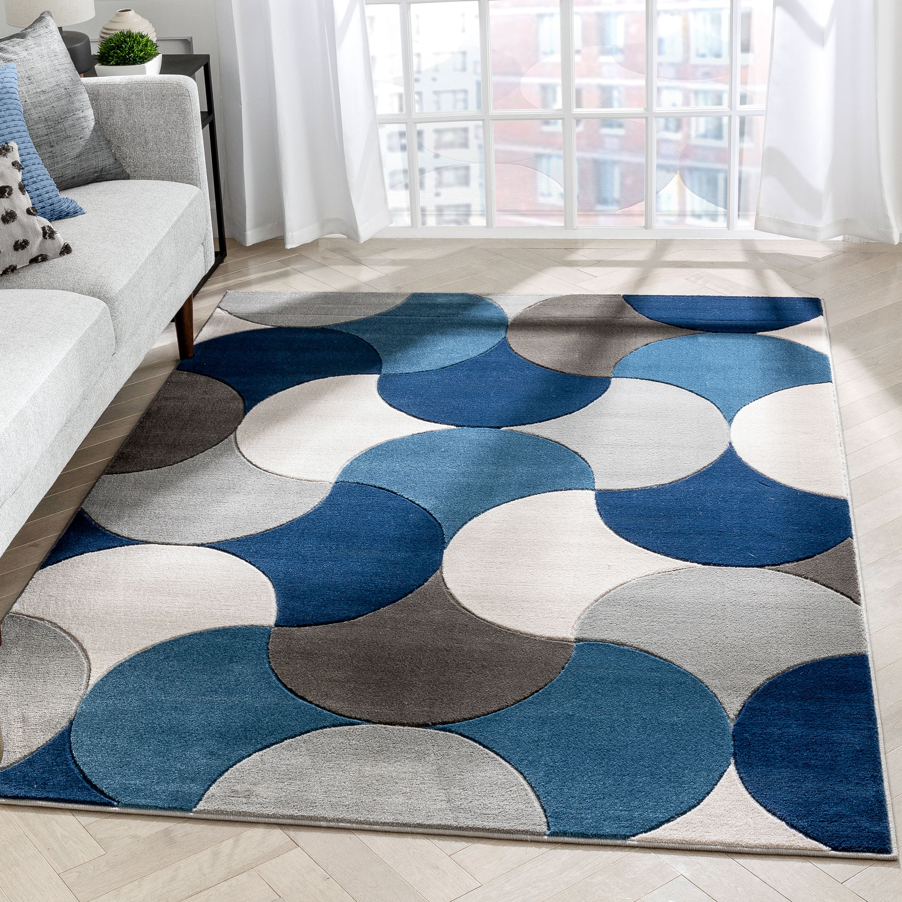 Well Woven Hilda Blue Modern Geometric Circles & Boxes Pattern Runner ...