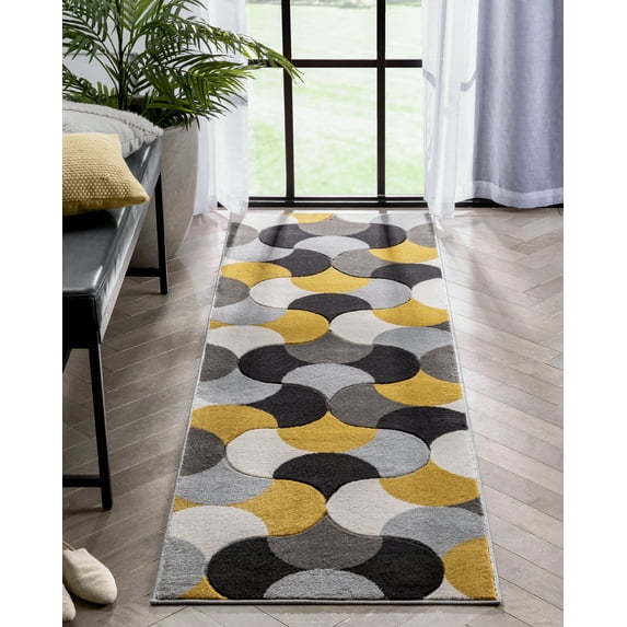 Well Woven Hilda Gold Modern Geometric Circles & Boxes Pattern Runner Rug (2'7" x 7'3")