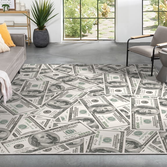 Well Woven Hundred Dollar Bill Collage Money Rug Green (2006 Version) 5' x 7'