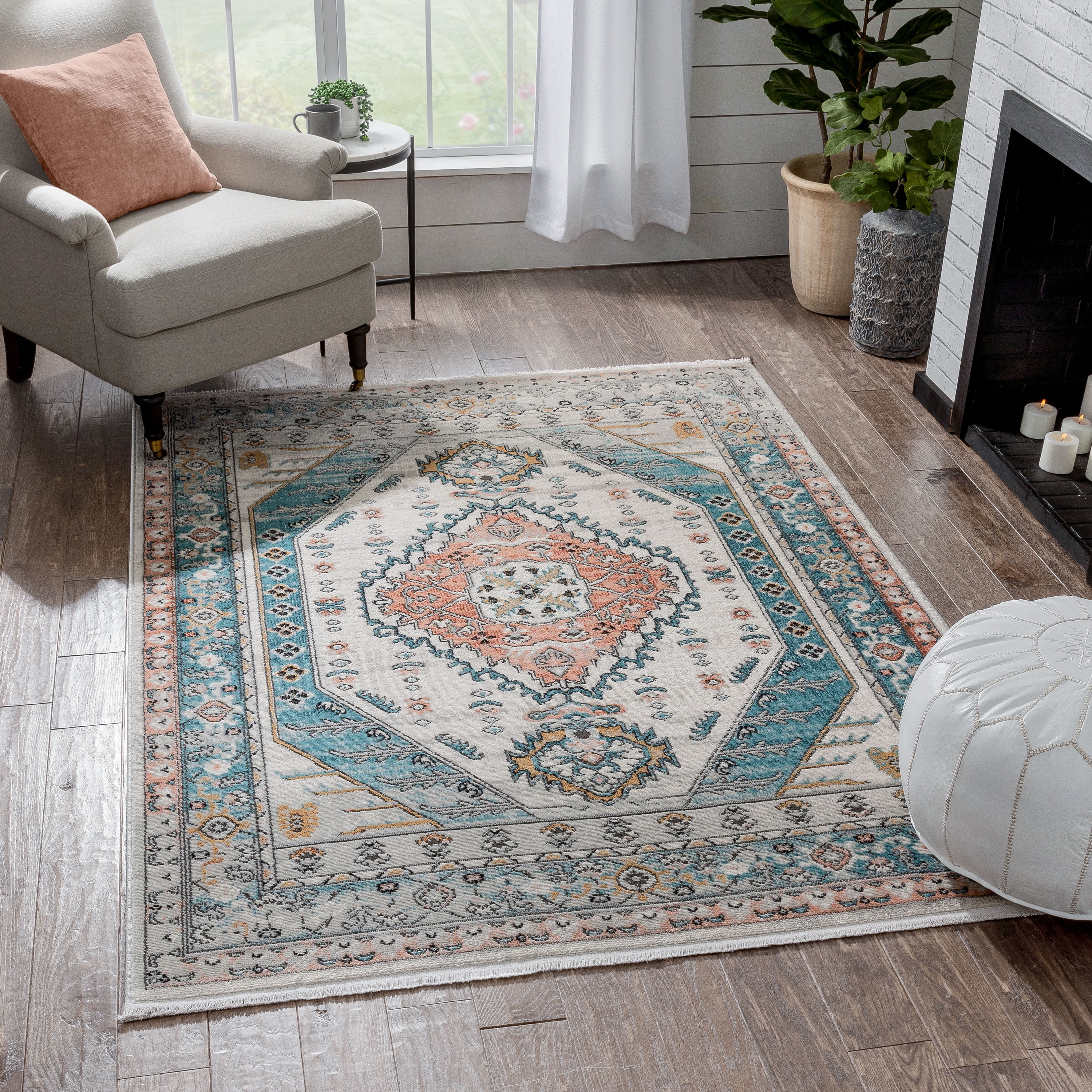 Indira Blue and Ivory Rectangular Synthetic Area Rug 4' x 6'