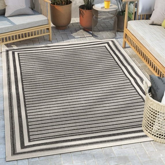 Well Woven Indoor/Outdoor Area Rug 7'10" x 9'10" Frankie Black & Beige Striped Border