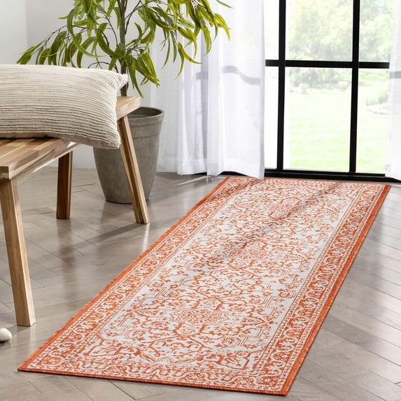 Well Woven Indoor/Outdoor Runner Rug 2'3" x 7'3" Celesine Orange Persian Medallion