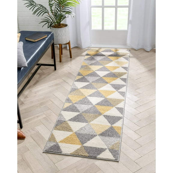 Well Woven Isometry Gold & Grey Modern Geometric Triangle Pattern 2' x 7'3" Runner Area Rug Soft Shed Free Easy to Clean Stain Resistant