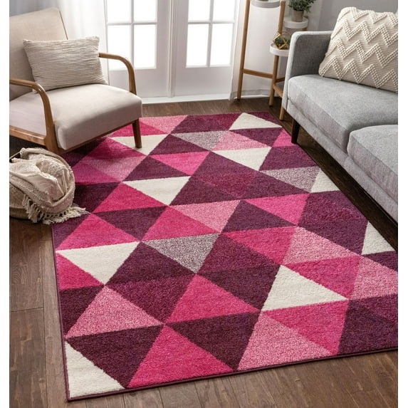 Well Woven Isometry Purple & Pink Modern Geometric Triangle Pattern 5x7 (5' x 7') Area Rug Soft Shed Free Easy to Clean Stain Resistant