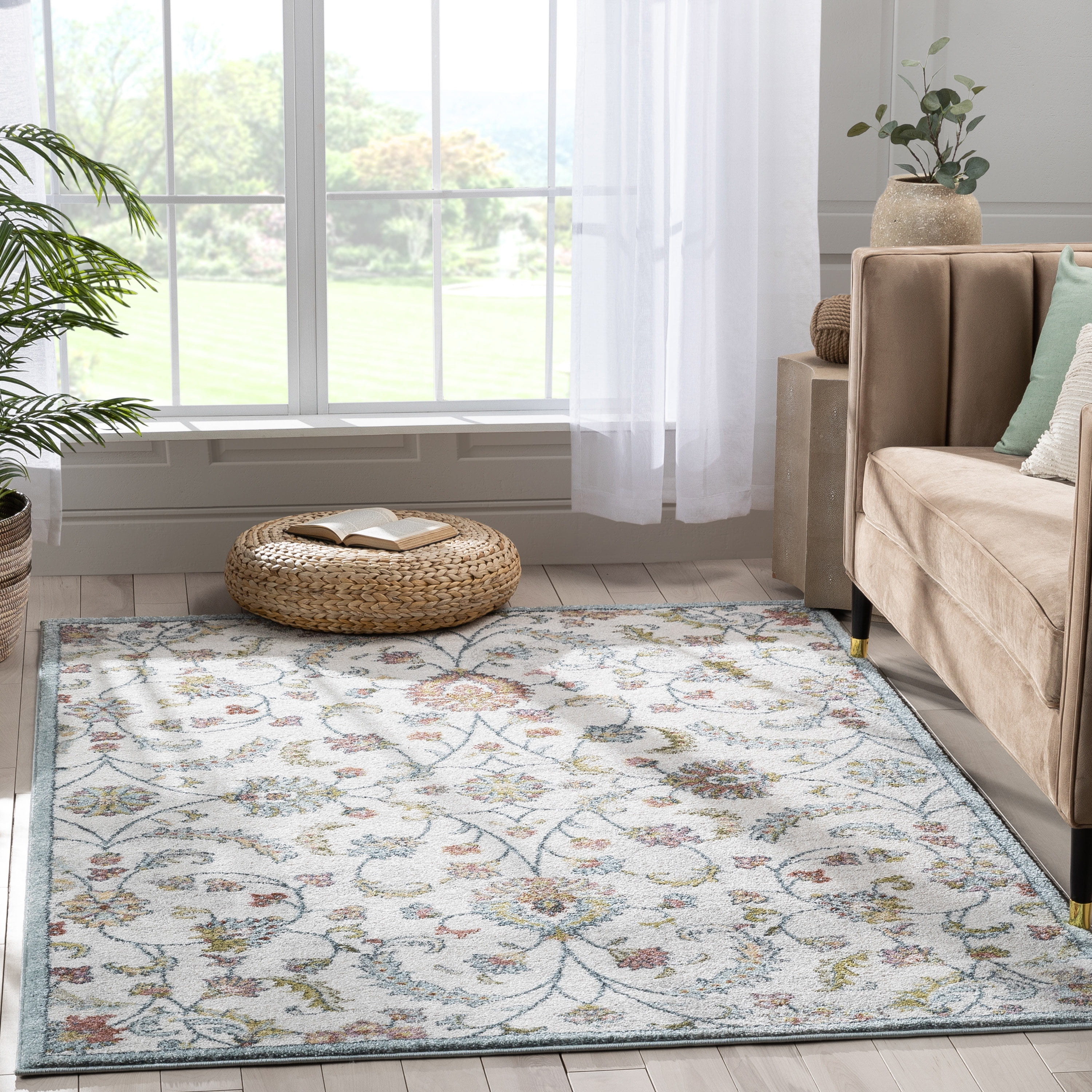Ivory Rectangular Oriental Stain-Resistant Synthetic Area Rug