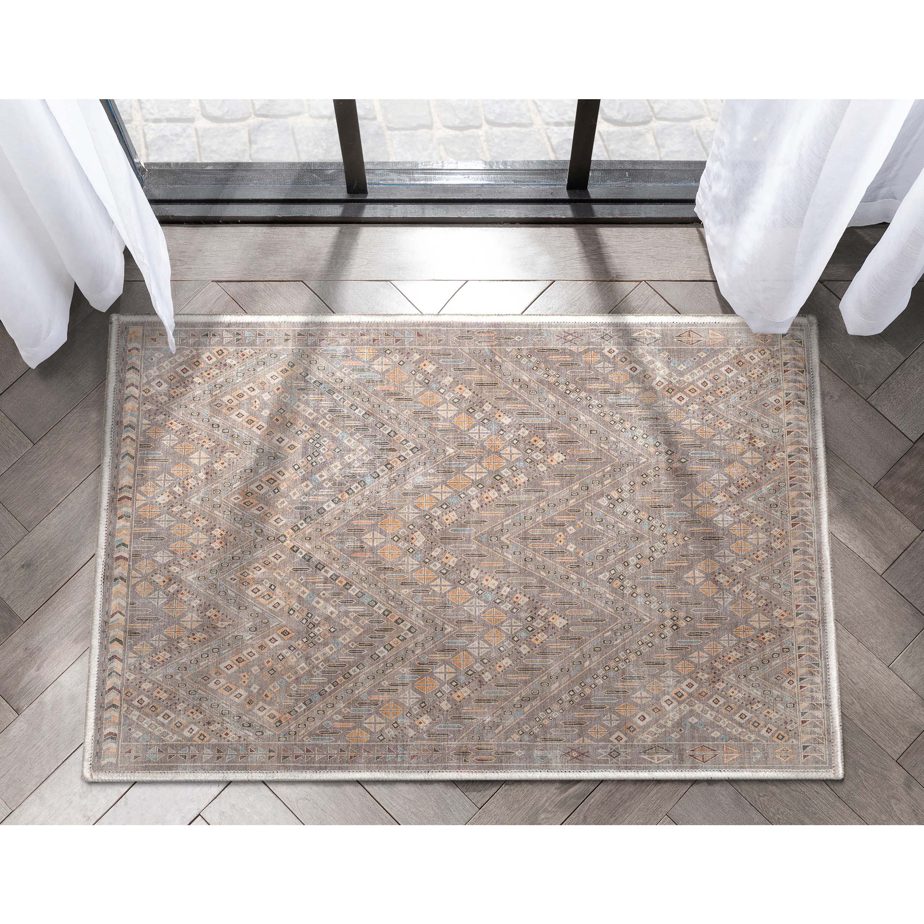 Gray and Beige Chenille Oriental 2' x 3' Washable Area Rug