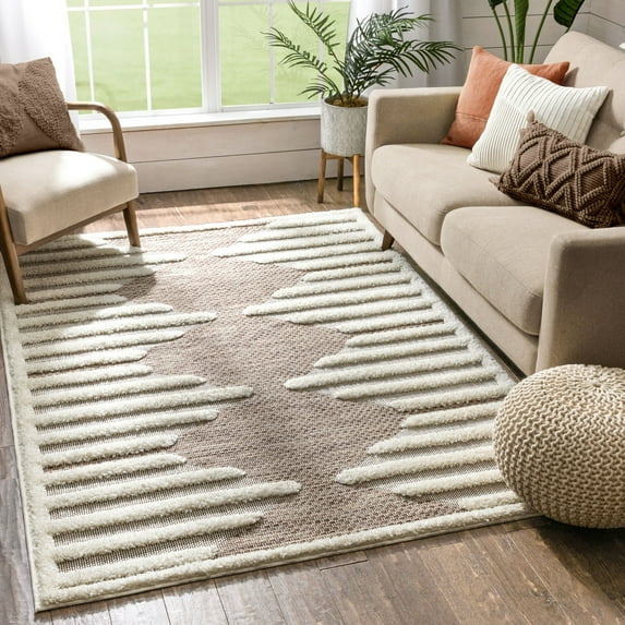 Well Woven Kady Beige Flat-Weave Hi-Low Pile Diamond Medallion Moroccan Tribal Area Rug 5x7 (5'3" x 7'3")
