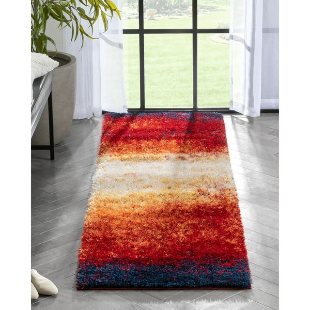 Well Woven Kaidee Multi Gold Abstract Stripes Geometric Thick Soft Plush Shag (2'3" x 7'3")