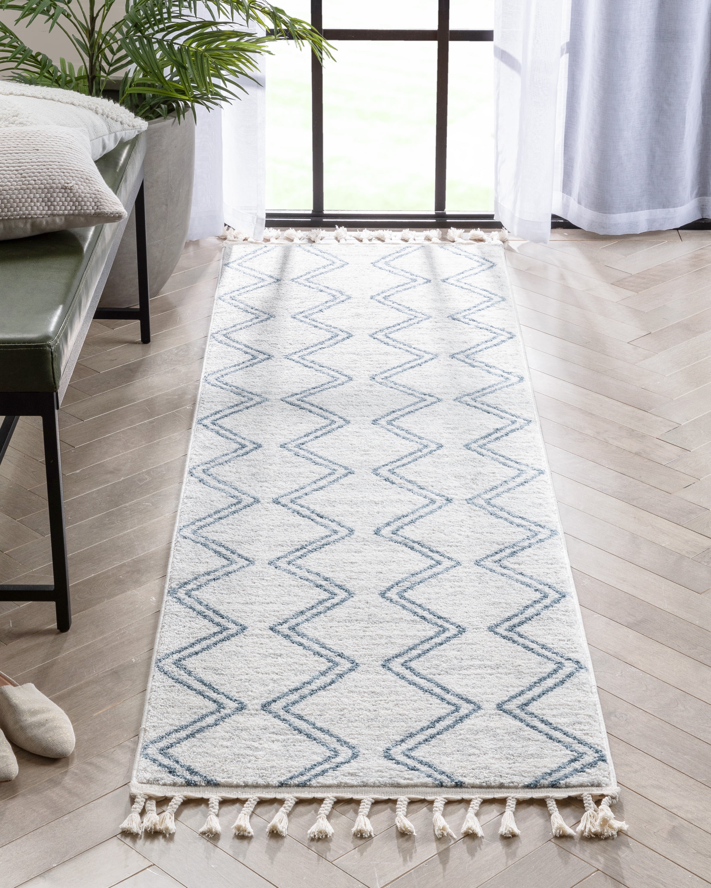 Blue Ivory Geometric Cotton Kids Runner Rug 2'3" x 7'3"