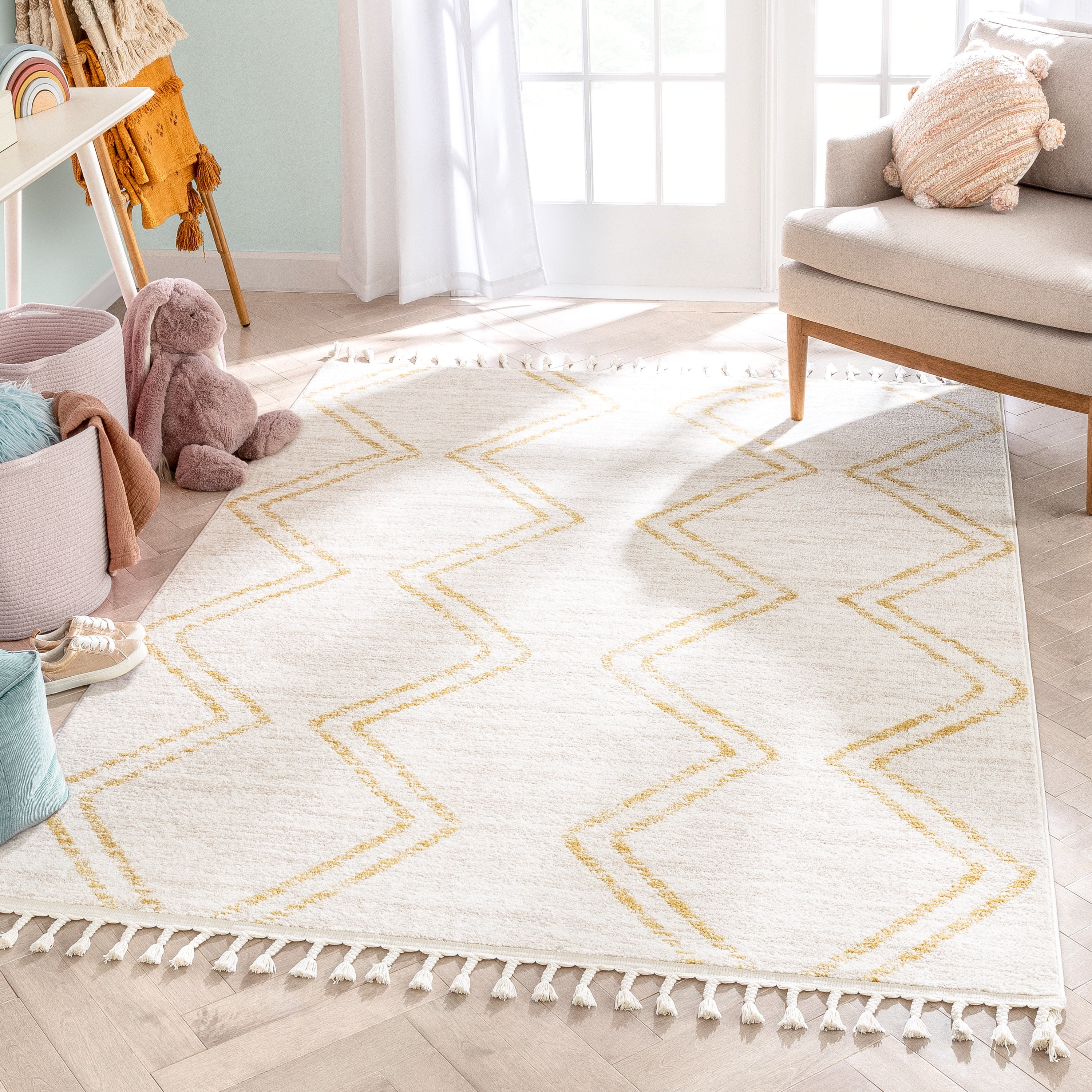 Kennedy Ivory and Yellow Round Synthetic Kids Rug