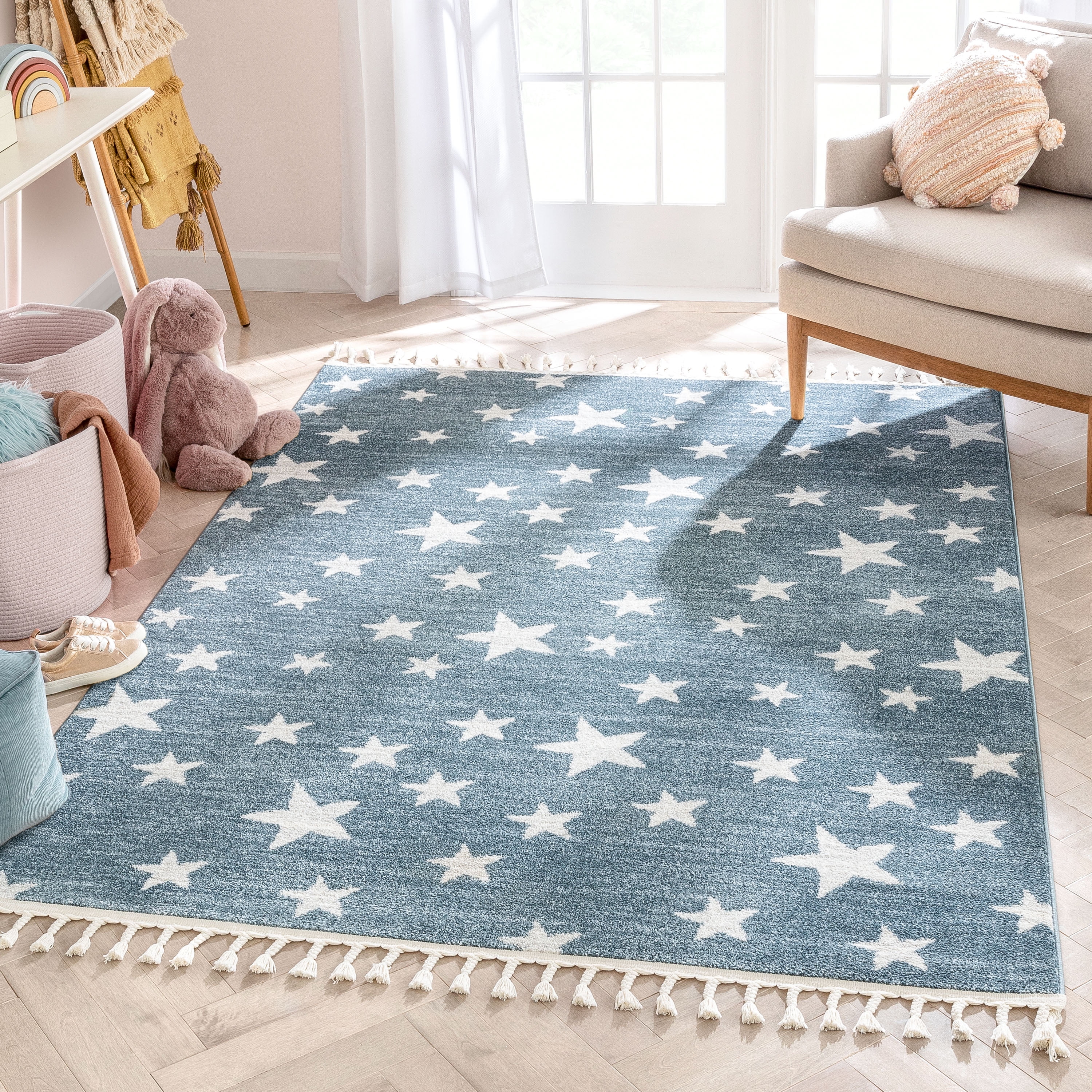 Blue and White Cotton Geometric Kids Area Rug