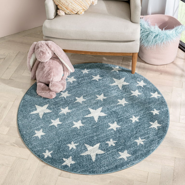 Well Woven Kennedy Stars Modern Abstract Blue 4' Round Kids Area Rug