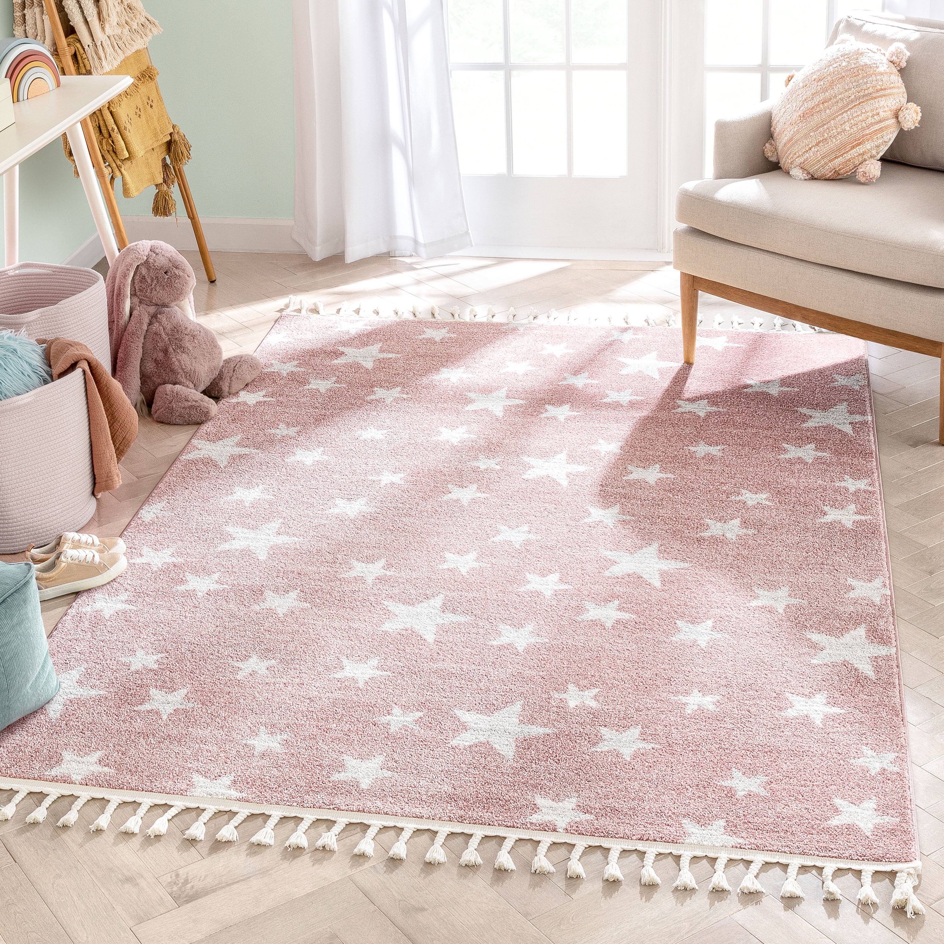 Pink and White Geometric Stars Kids Area Rug