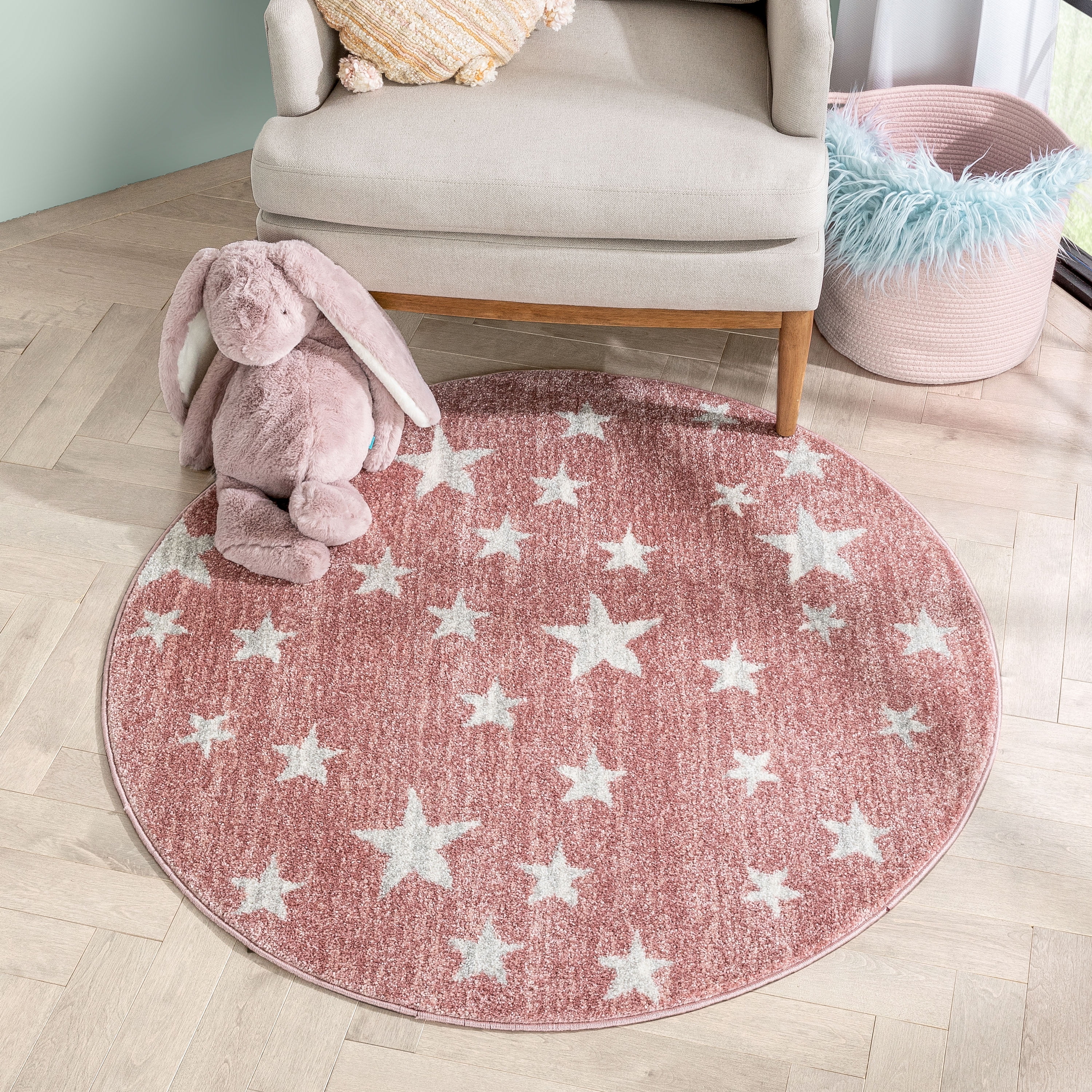 Well Woven Kennedy Stars Modern Abstract Pink 4' Round Kids Area Rug