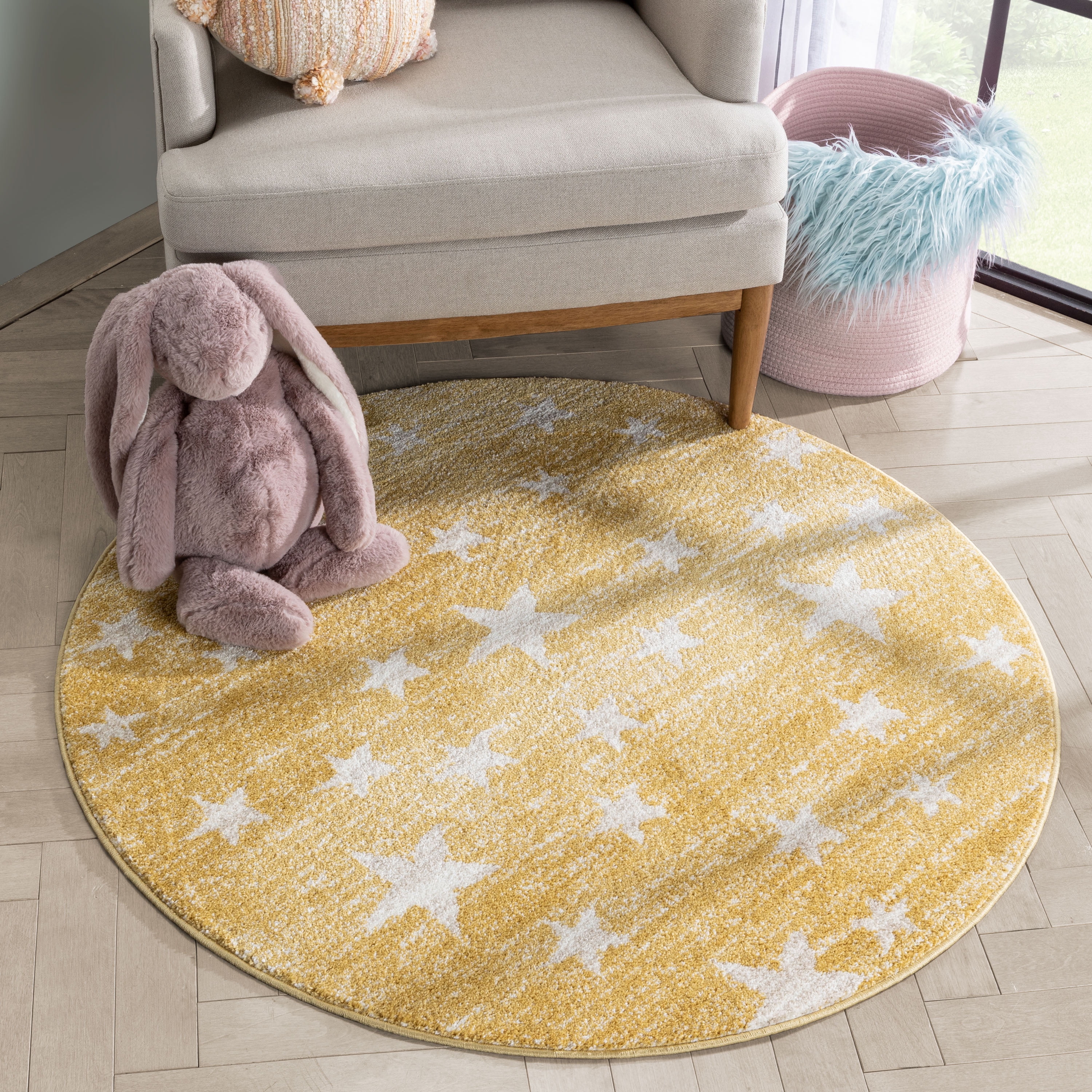Well Woven Kennedy Stars Modern Abstract Yellow 4' Round Rug