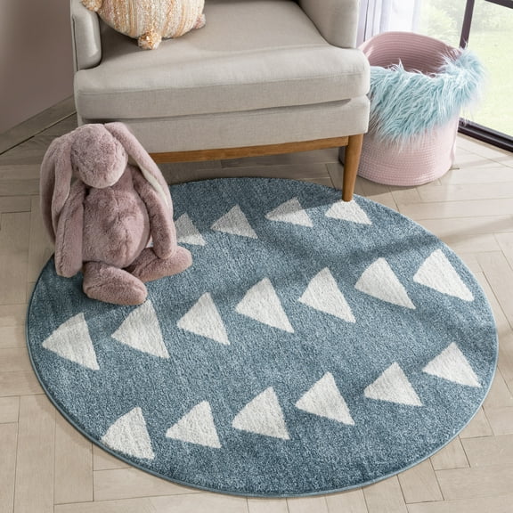 Well Woven Tango Blue Geometric Triangle Pattern Stain-resistant Area Rug (4' Round)