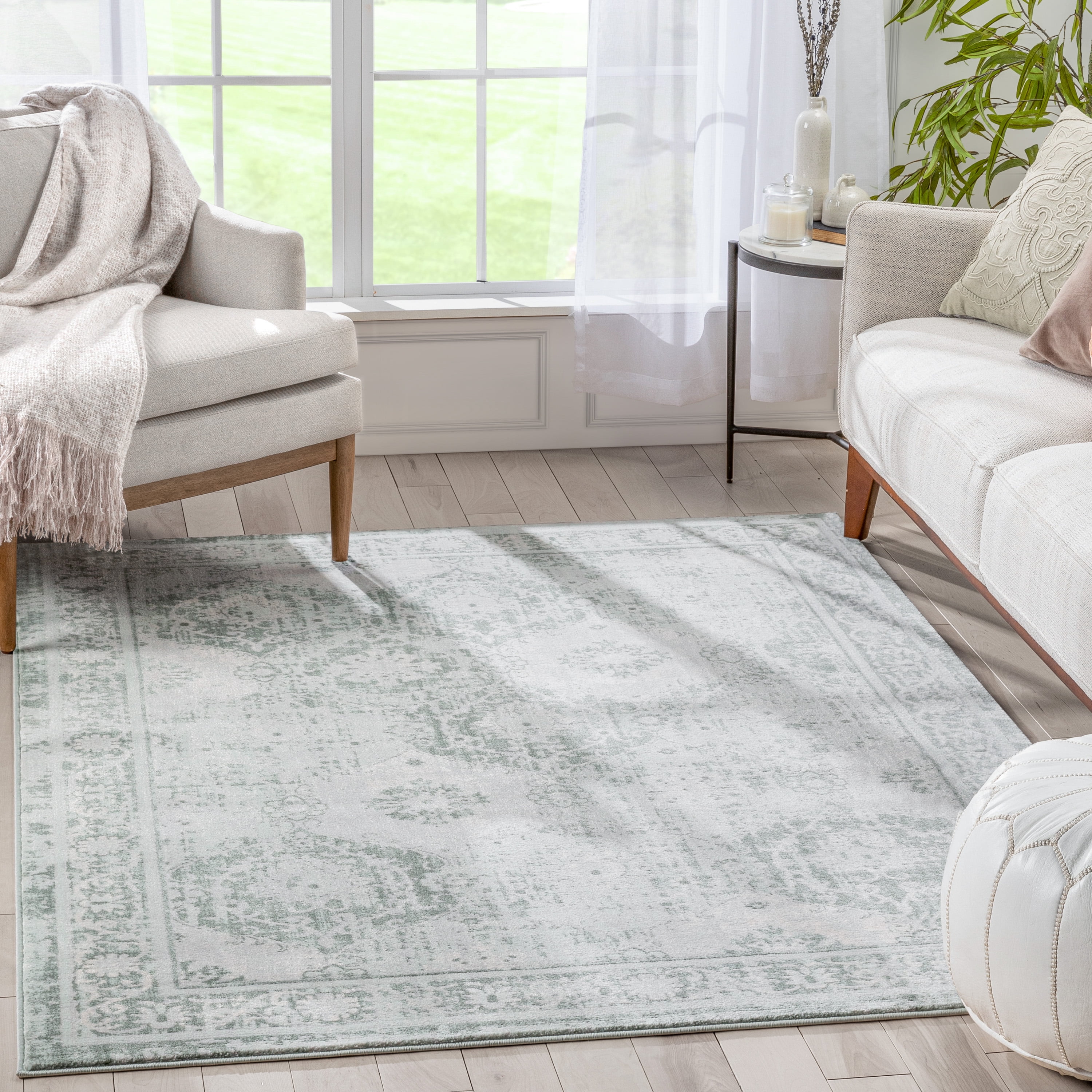 Teal and Beige Distressed Oriental Area Rug 7'10" x 10'6"